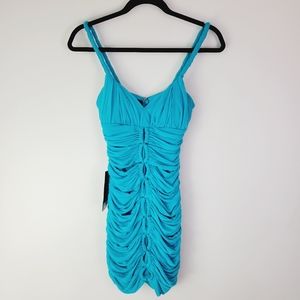 Bebe Blue Ruched Woven Rope sexy mini dress NWT Size XXS